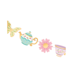 Pastel tea party garden banner with butterfly teapot flower teacup for birthday from Parte Haus party supply store in Bethesda MD