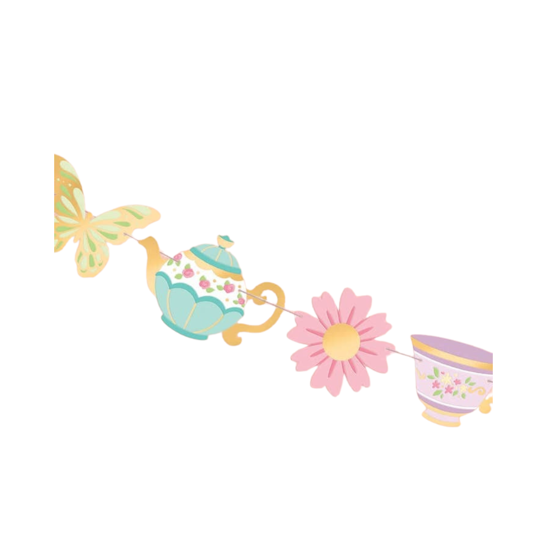 Pastel tea party garden banner with butterfly teapot flower teacup for birthday from Parte Haus party supply store in Bethesda MD