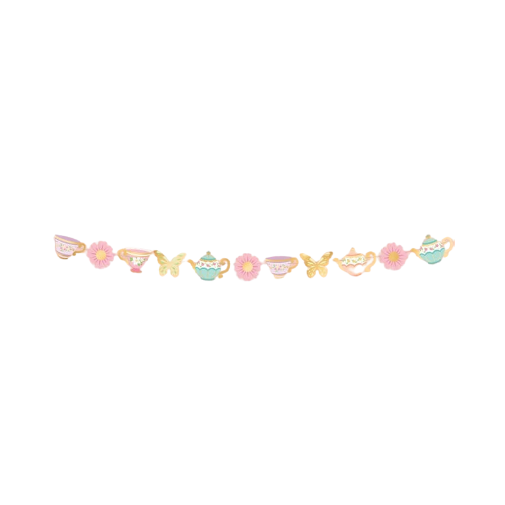 Pastel tea party banner with teapots butterflies and flowers garden birthday from Parte Haus party supply store in Bethesda Maryland