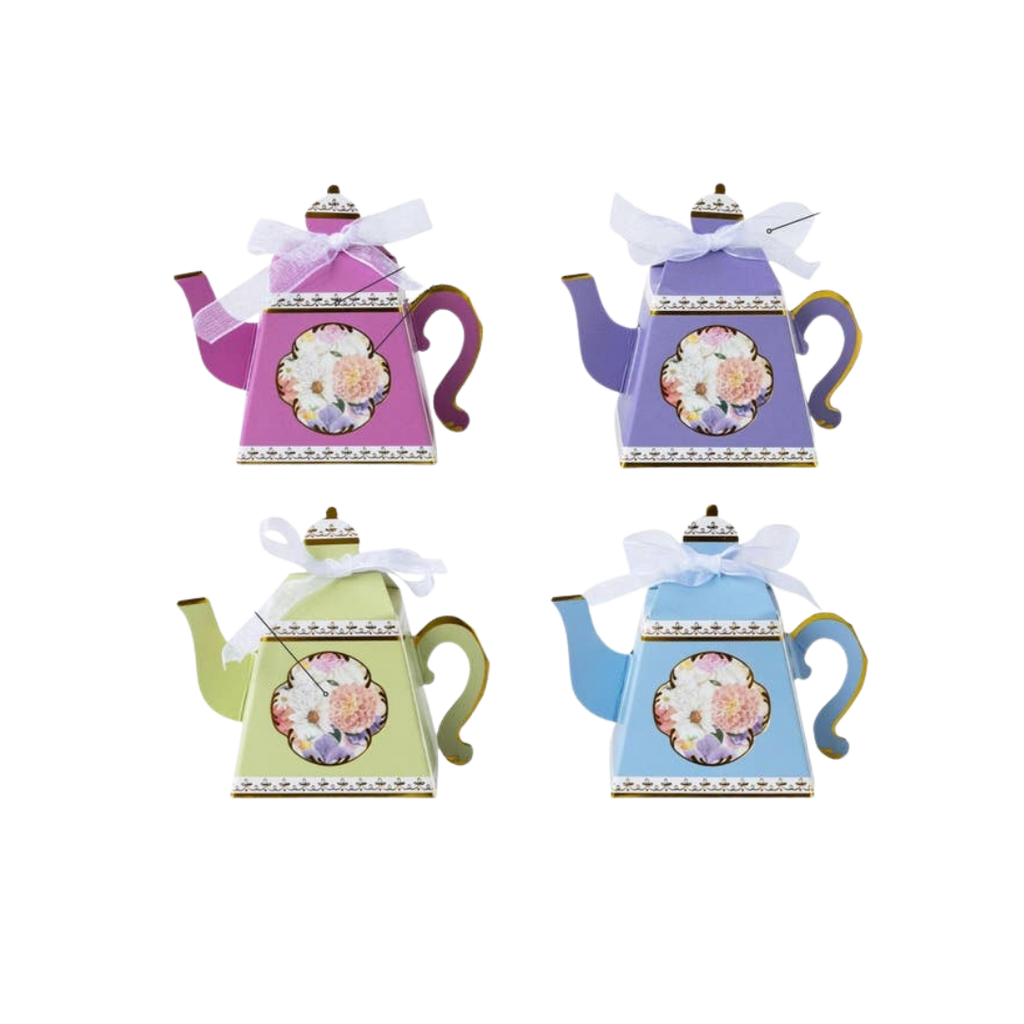 Assorted pastel teapot favor boxes with floral design tea party theme from Parte Haus party supply store in Bethesda MD