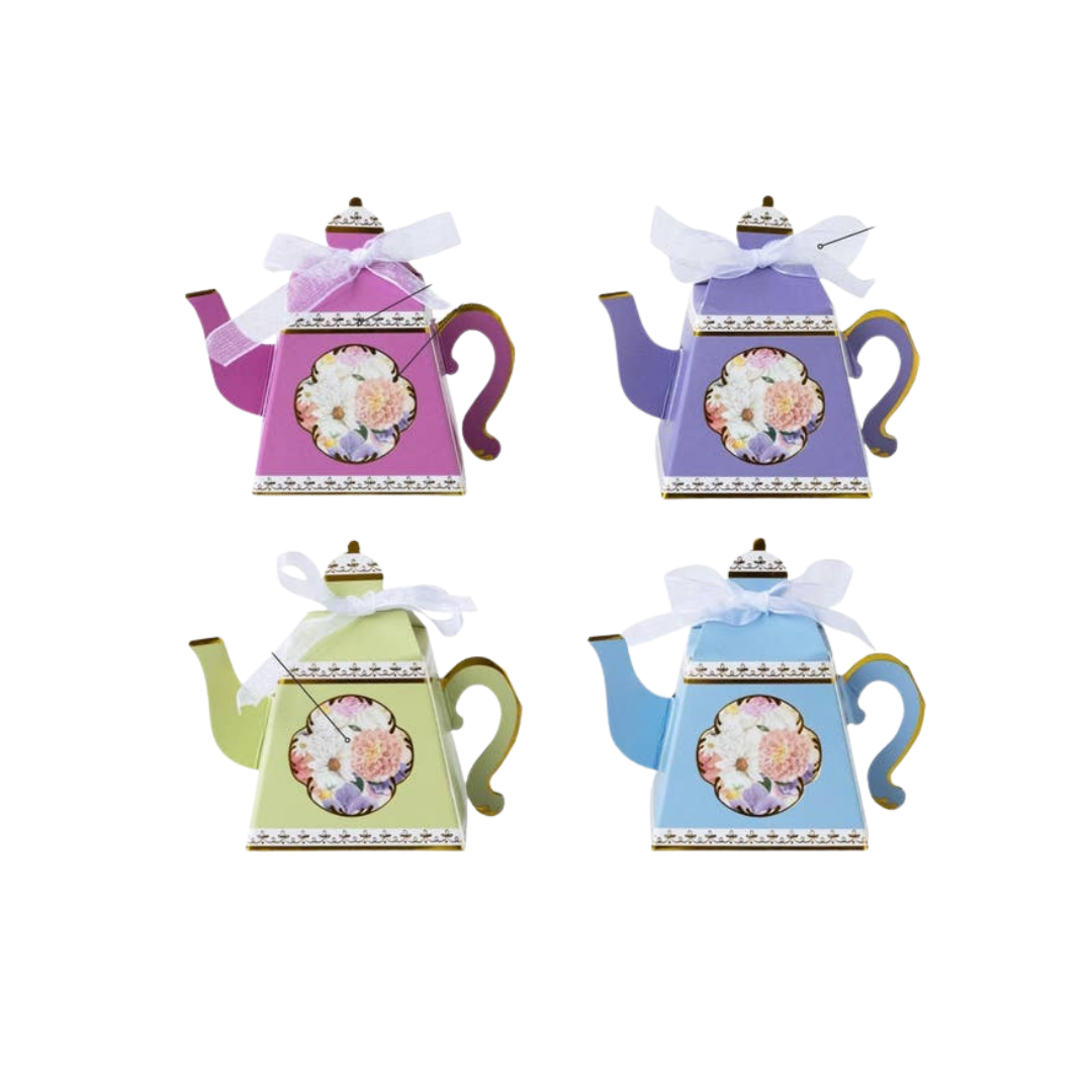 Assorted pastel teapot favor boxes with floral design tea party theme from Parte Haus party supply store in Bethesda MD