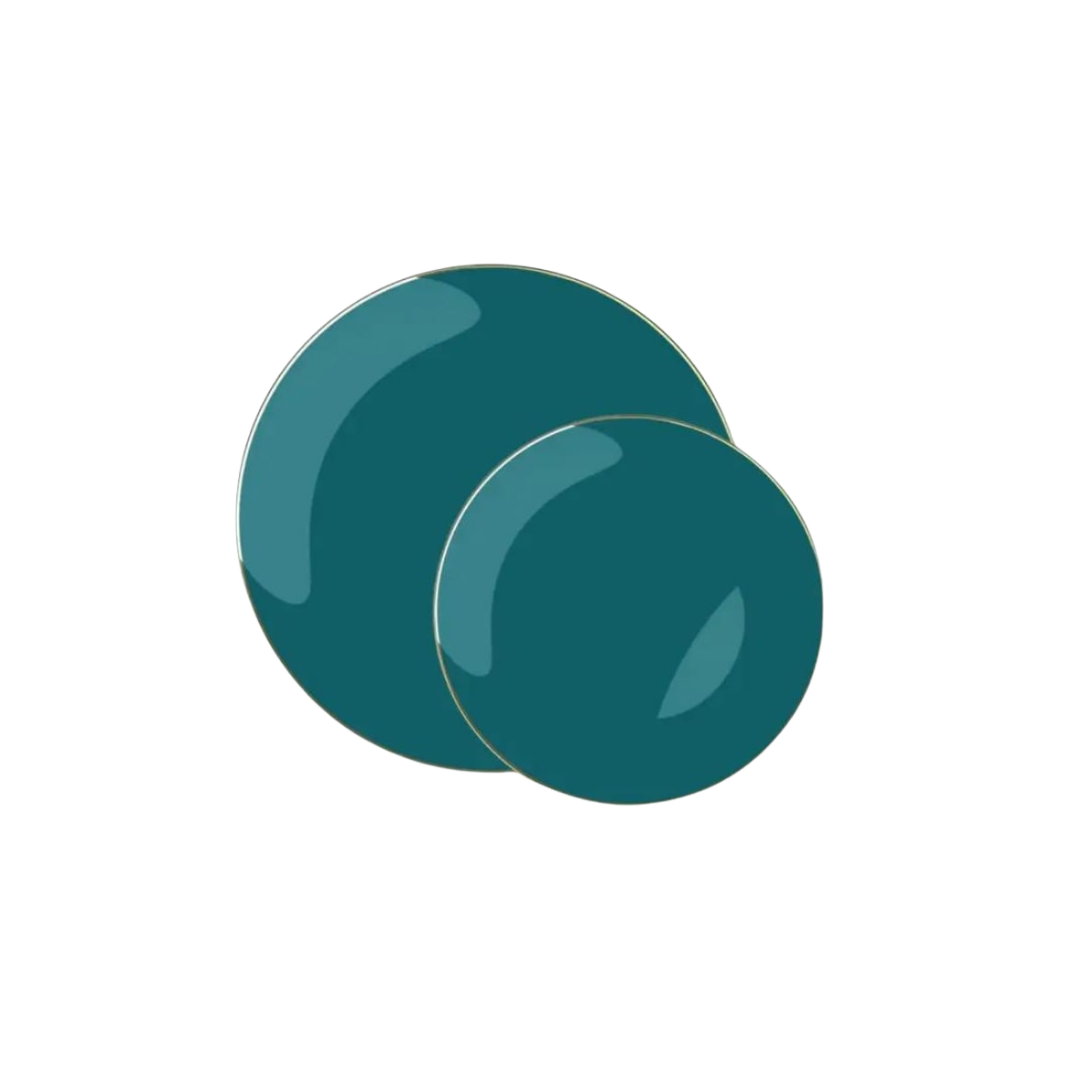Teal gold round plastic plates stylish modern tableware from Parte Haus party supply store in Bethesda MD