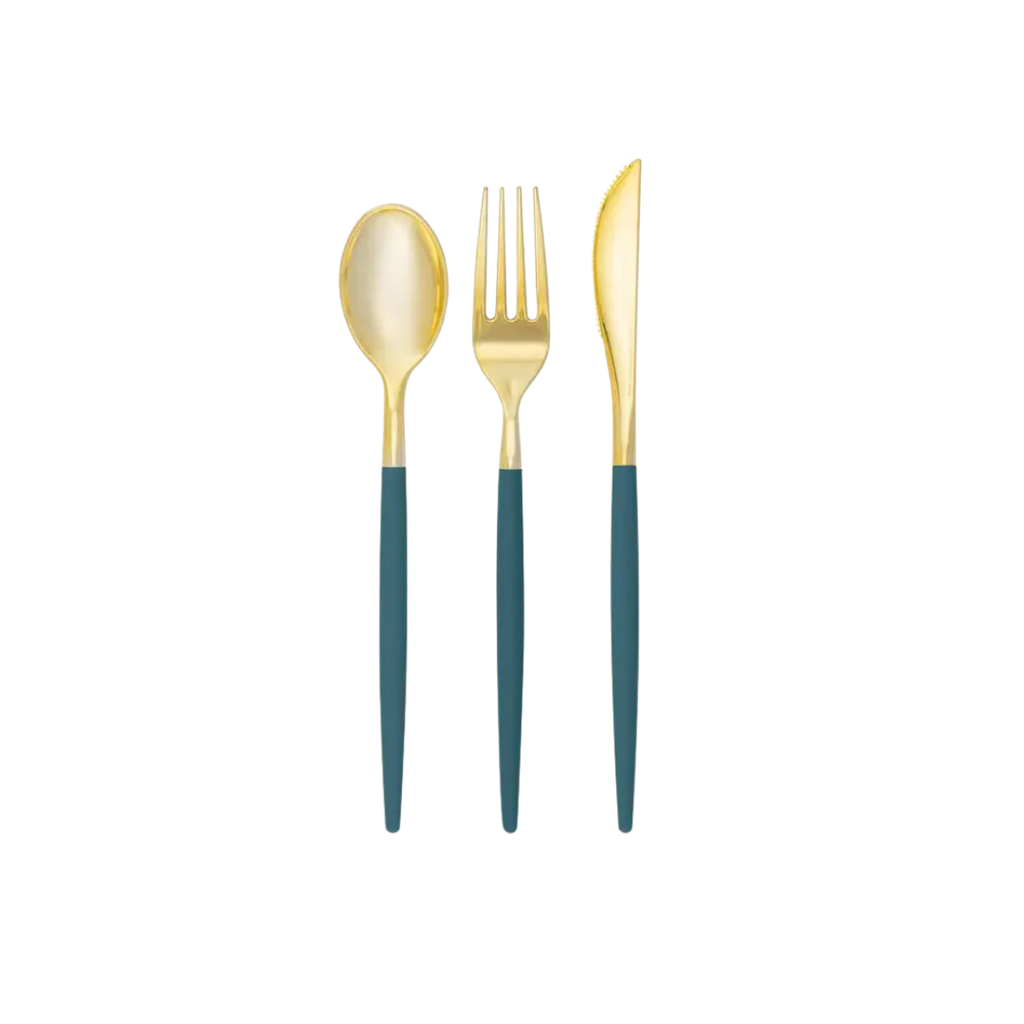Teal gold plastic cutlery set with modern design perfect for elegant events from Parte Haus party supply store in Bethesda MD