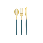 Teal gold plastic cutlery set with modern design perfect for elegant events from Parte Haus party supply store in Bethesda MD