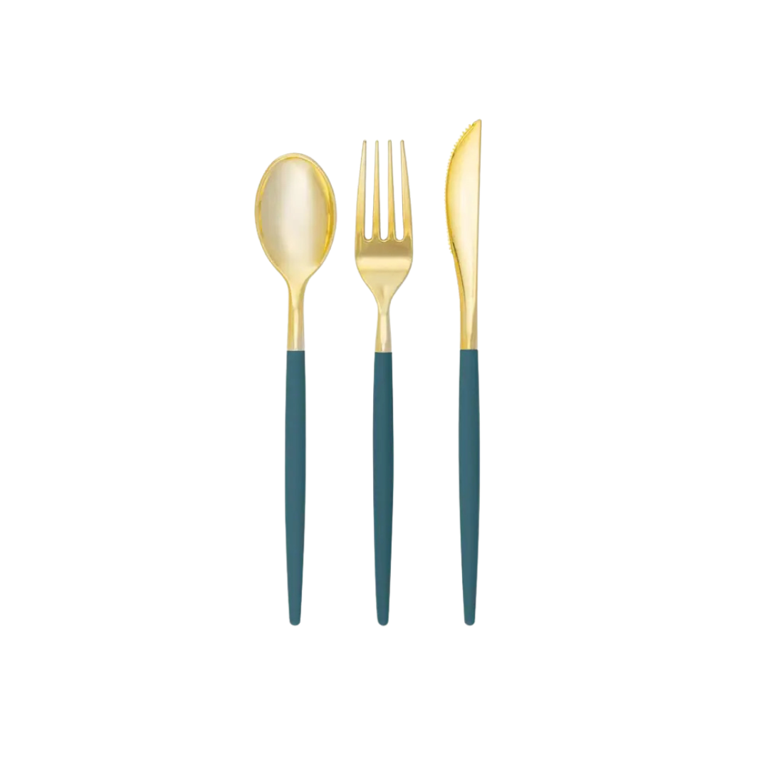 Teal gold plastic cutlery set with modern design perfect for elegant events from Parte Haus party supply store in Bethesda MD