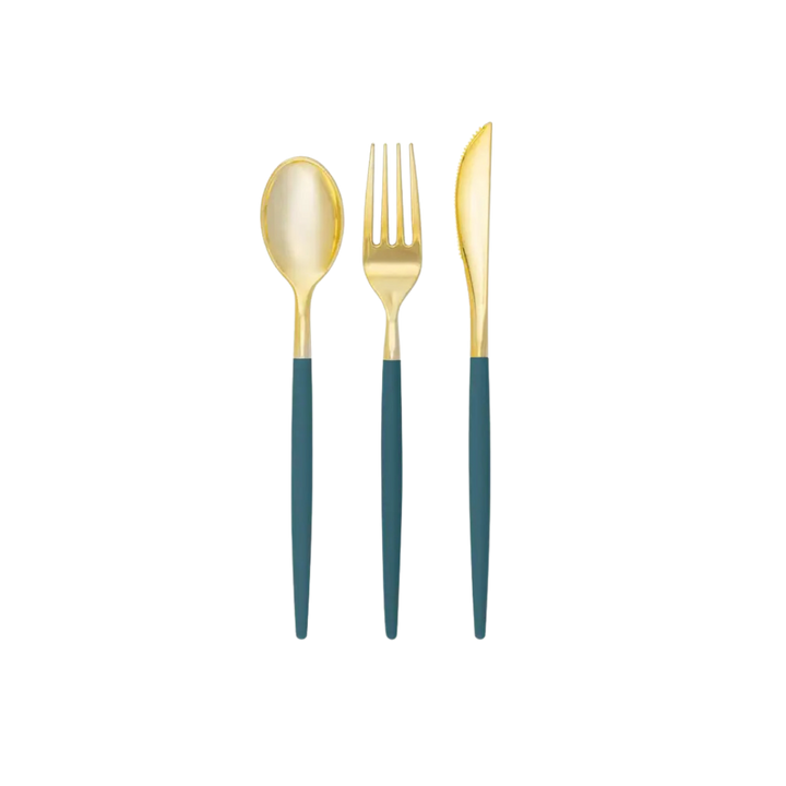 Teal and Gold Chic Plastic Cutlery Set - 32 pcs