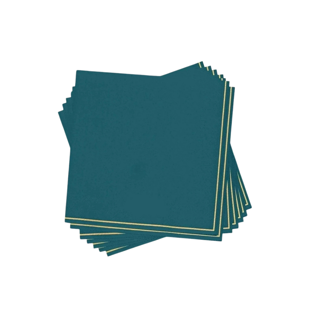 Teal lunch napkins with gold stripe elegant tableware for birthdays from Parte Haus party supply store in Bethesda MD