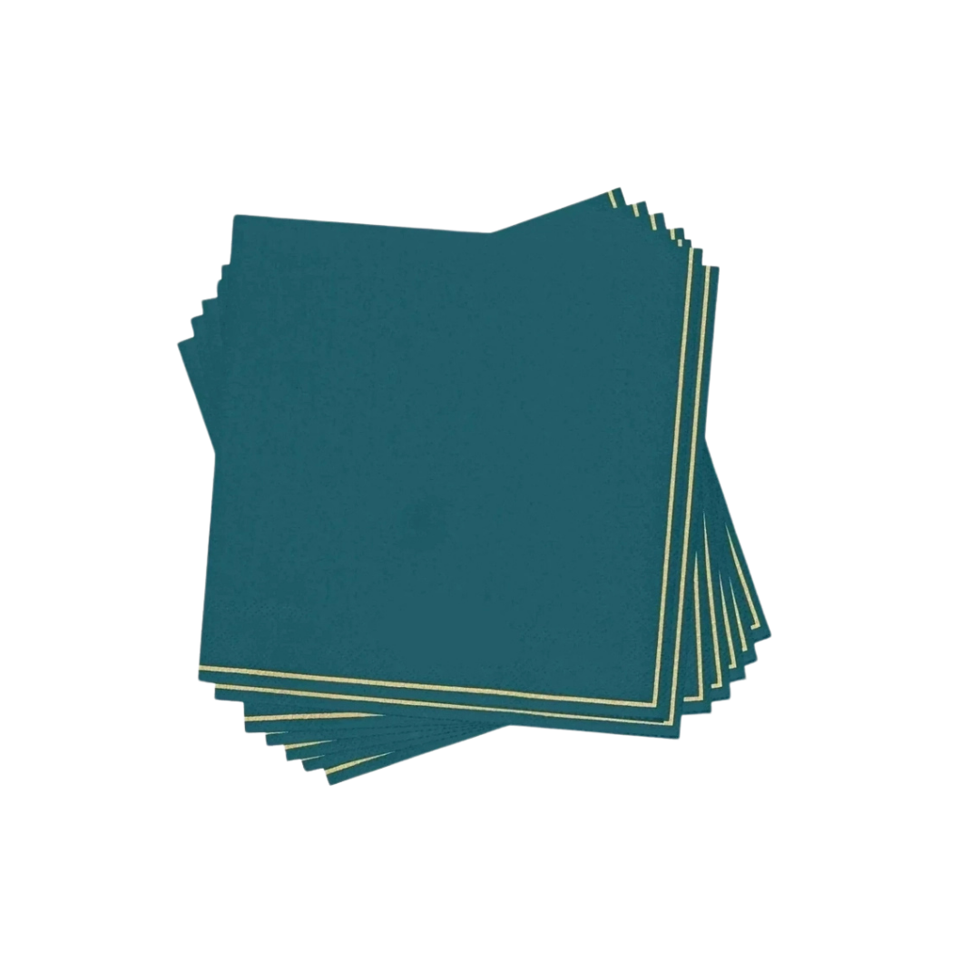 Teal lunch napkins with gold stripe elegant tableware for birthdays from Parte Haus party supply store in Bethesda MD