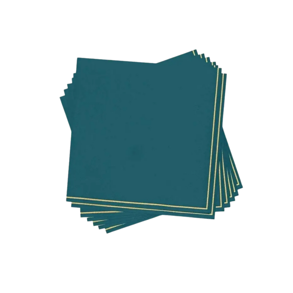 Teal with gold stripe cocktail napkins with elegant border detail for celebrations from Parte Haus party supply store in Bethesda MD