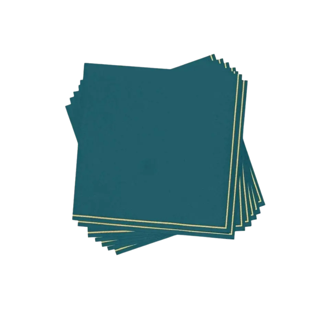 Teal with gold stripe cocktail napkins with elegant border detail for celebrations from Parte Haus party supply store in Bethesda MD