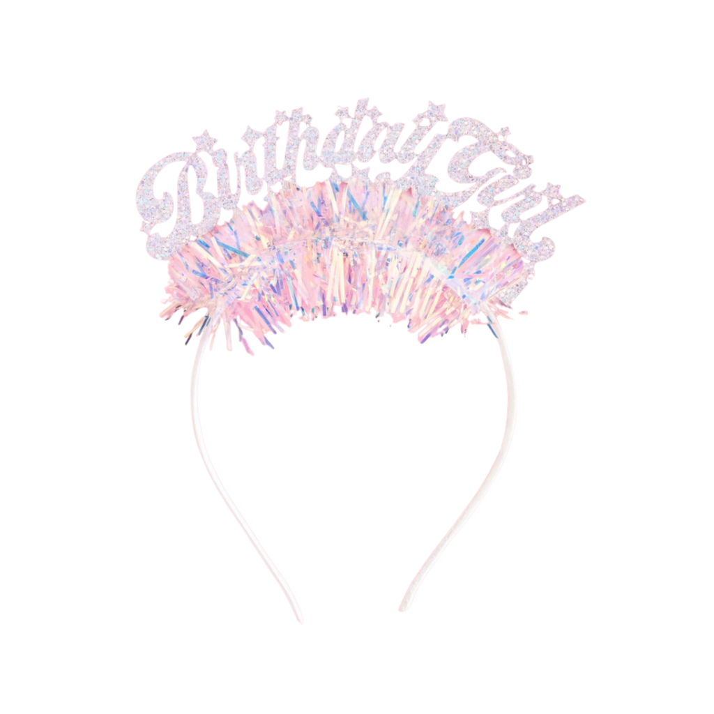 Pink iridescent birthday girl headband with fringe for birthday party from Parte Haus party supply store in Bethesda MD.