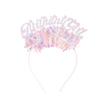 Pink iridescent birthday girl headband with fringe for birthday party from Parte Haus party supply store in Bethesda MD.