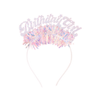 Pink iridescent birthday girl headband with fringe for birthday party from Parte Haus party supply store in Bethesda MD.