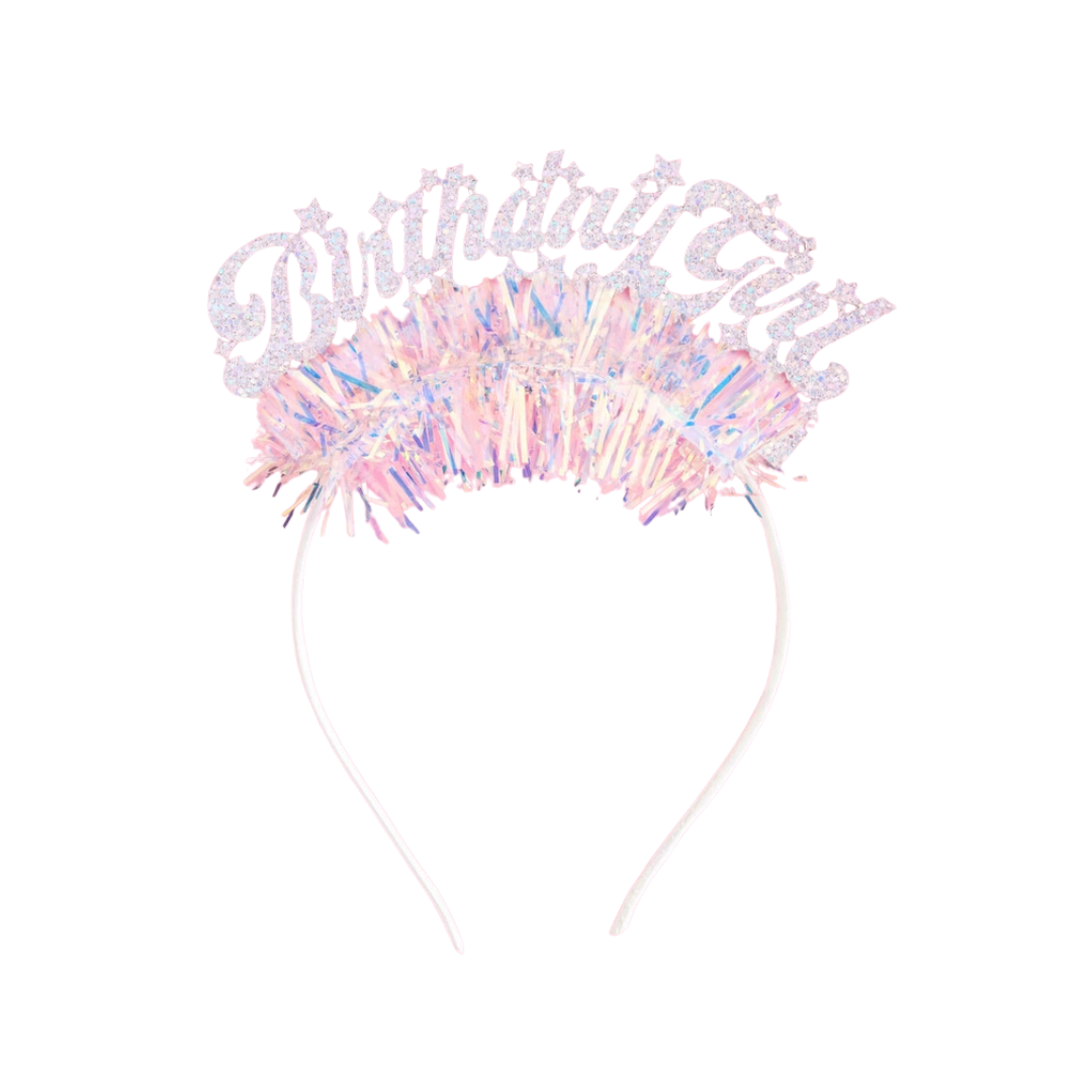 Pink iridescent birthday girl headband with fringe for birthday party from Parte Haus party supply store in Bethesda MD.