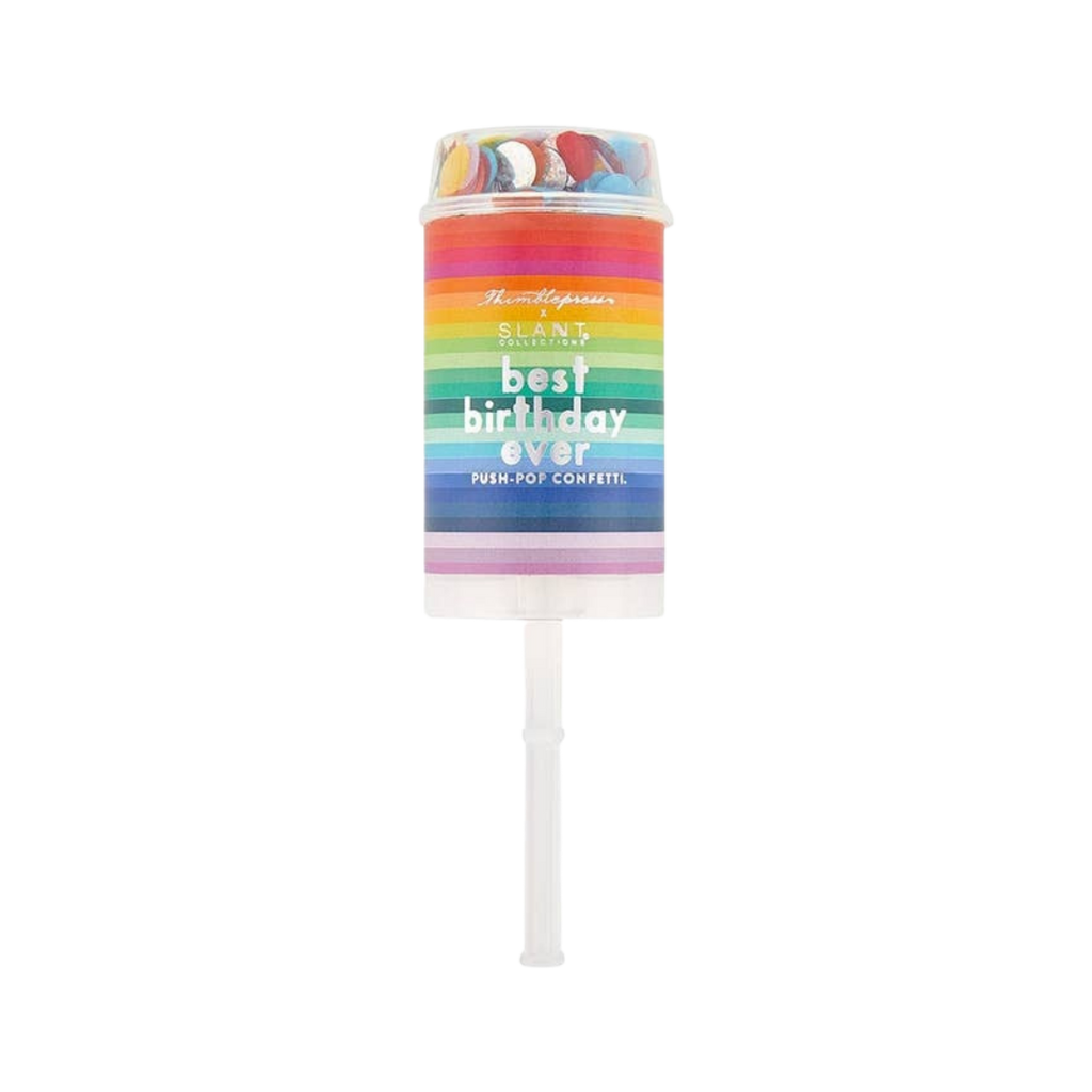 rainbow push pop confetti popper with best birthday ever label birthday from Parte Haus party supply store in Bethesda MD