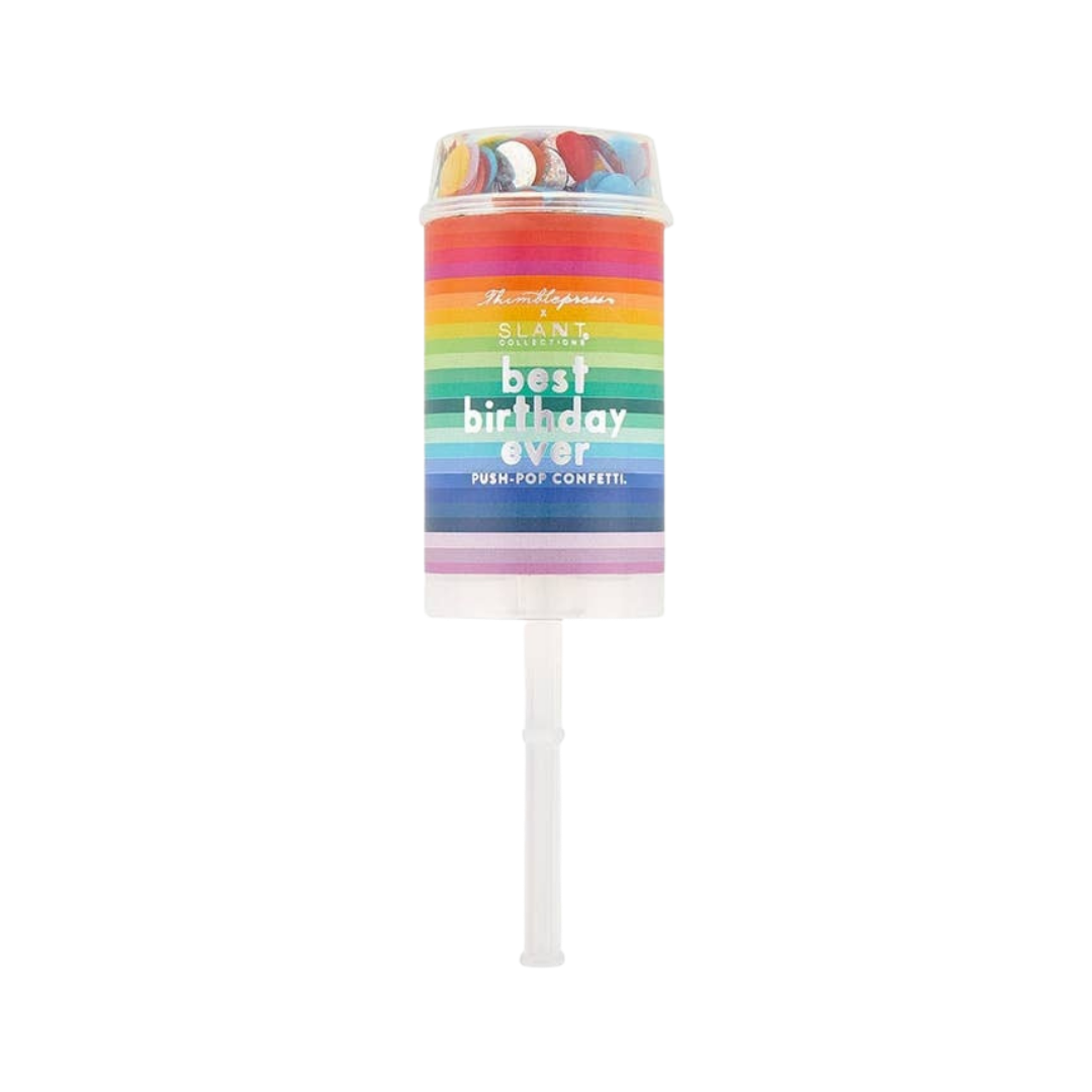 rainbow push pop confetti popper with best birthday ever label birthday from Parte Haus party supply store in Bethesda MD