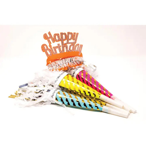 Orange Happy Birthday tiara with colorful party blowers birthday theme from Parte Haus party supply store in Bethesda MD