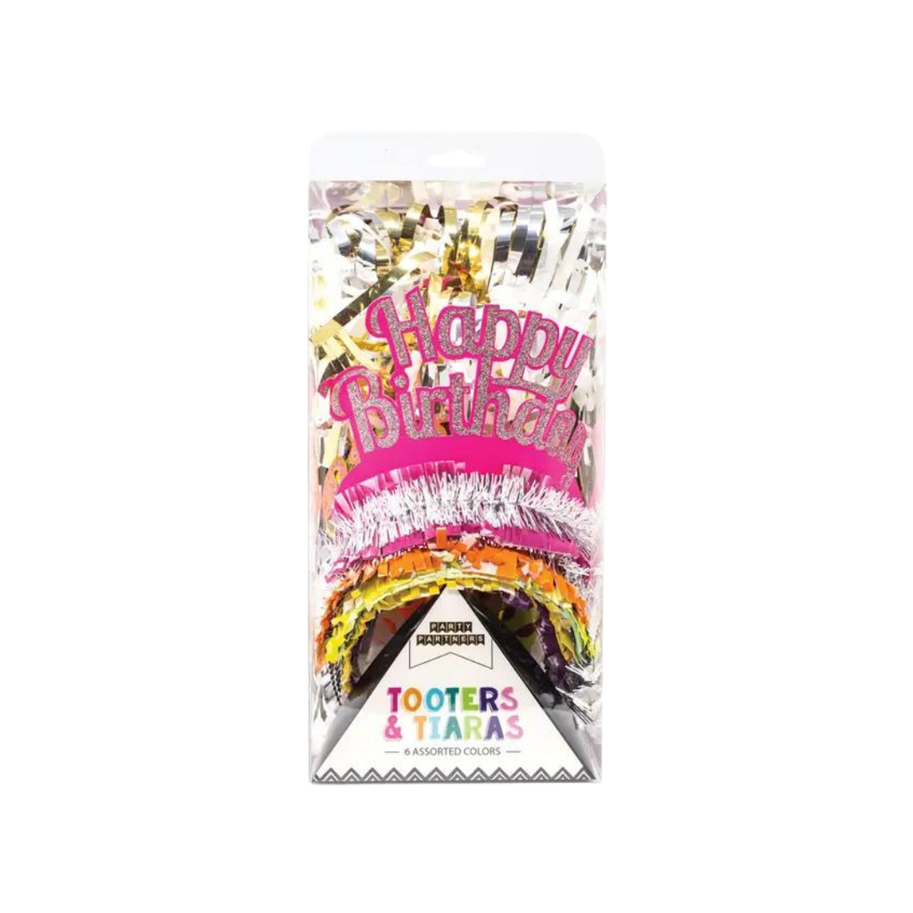 Colorful Happy Birthday tiaras and tooters set for birthday from Parte Haus party supply store in Bethesda MD