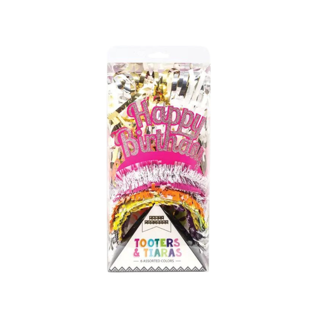 Colorful Happy Birthday tiaras and tooters set for birthday from Parte Haus party supply store in Bethesda MD
