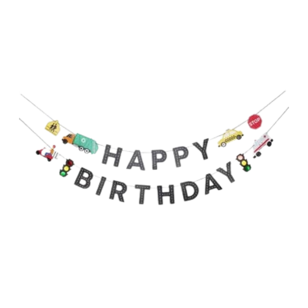 multicolor transportation birthday banner with cars and trucks for kids birthday from Parte Haus party supply store in Bethesda MD