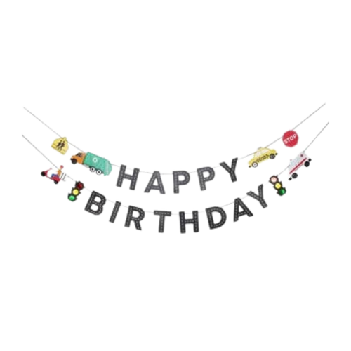 multicolor transportation birthday banner with cars and trucks for kids birthday from Parte Haus party supply store in Bethesda MD