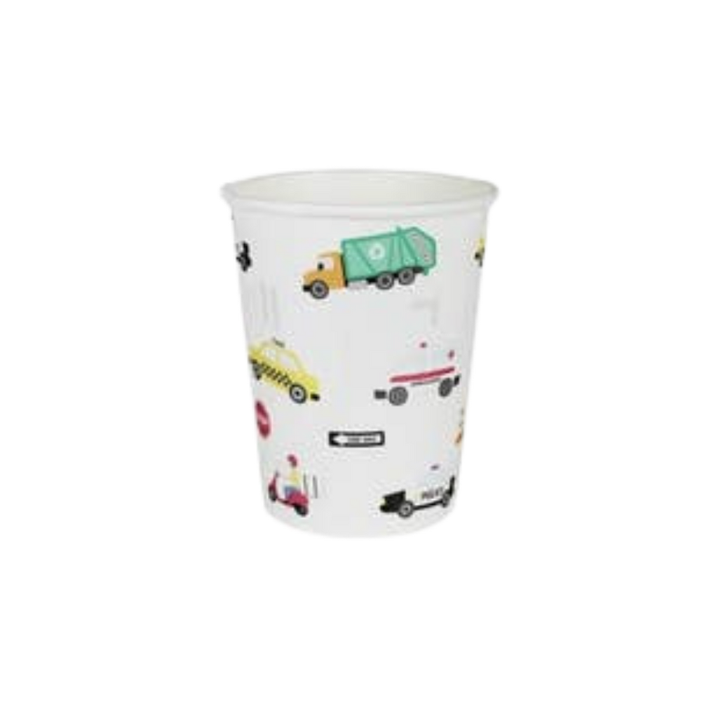 white transportation cups with colorful cars and trucks kids birthday from Parte Haus party supply store in Bethesda MD