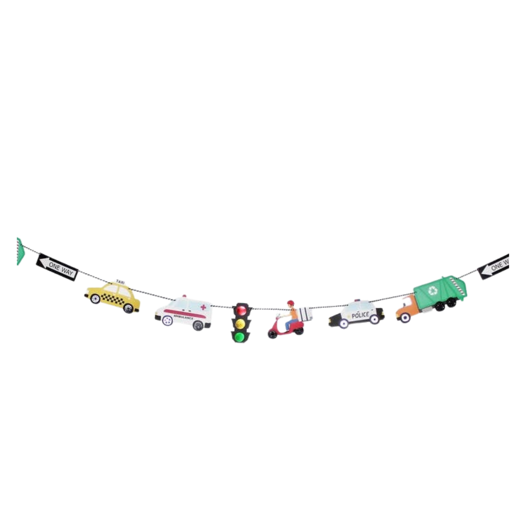 Multicolor transportation garland with cars trucks and traffic signs kids birthday theme from Parte Haus party supply store in Bethesda MD.