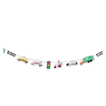 Multicolor transportation garland with cars trucks and traffic signs kids birthday theme from Parte Haus party supply store in Bethesda MD.