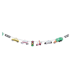 Multicolor transportation garland with cars trucks and traffic signs kids birthday theme from Parte Haus party supply store in Bethesda MD.