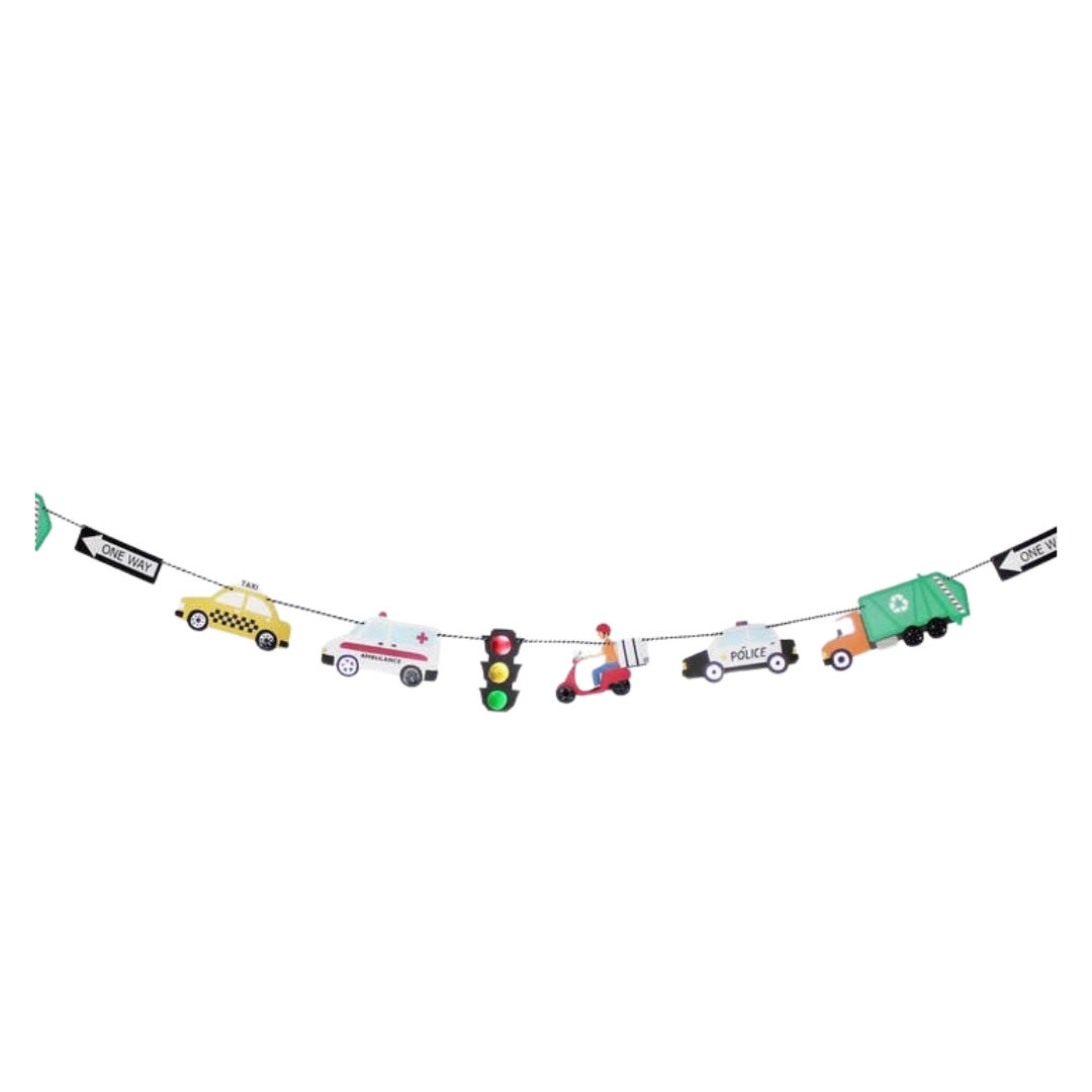 Multicolor transportation garland with cars trucks and traffic signs kids birthday theme from Parte Haus party supply store in Bethesda MD.