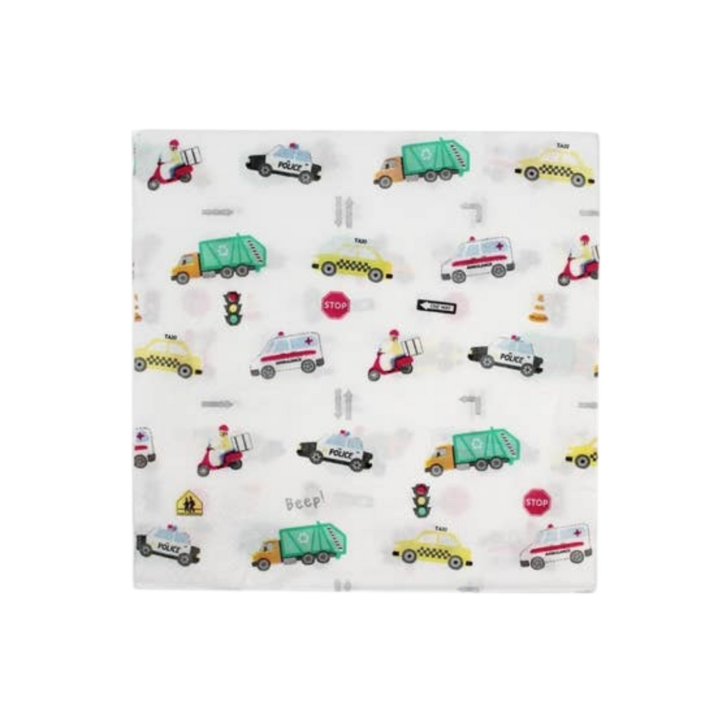 White transportation napkins with colorful cars trucks and bikes birthday theme from Parte Haus party supply store in Bethesda MD