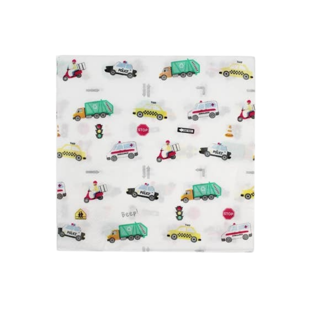 White transportation napkins with colorful cars trucks and bikes birthday theme from Parte Haus party supply store in Bethesda MD
