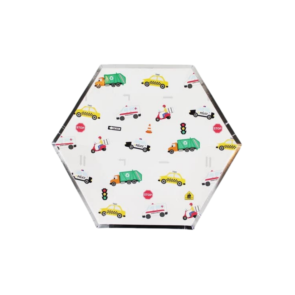 White small hexagon plates with colorful vehicles and signs transportation birthday theme from Parte Haus party supply store in Bethesda MD