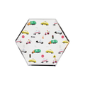 White small hexagon plates with colorful vehicles and signs transportation birthday theme from Parte Haus party supply store in Bethesda MD