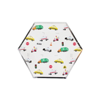 White small hexagon plates with colorful vehicles and signs transportation birthday theme from Parte Haus party supply store in Bethesda MD
