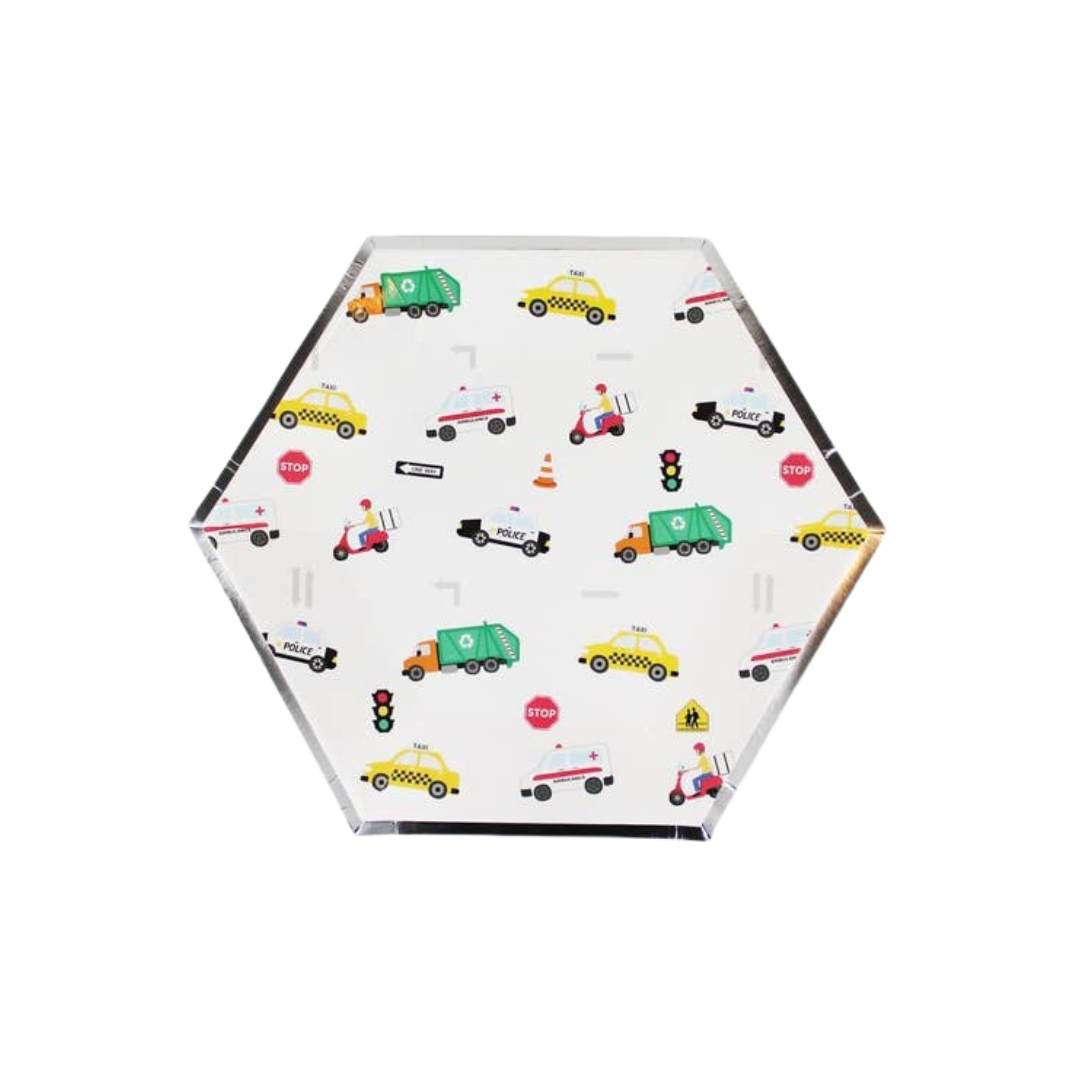 White small hexagon plates with colorful vehicles and signs transportation birthday theme from Parte Haus party supply store in Bethesda MD