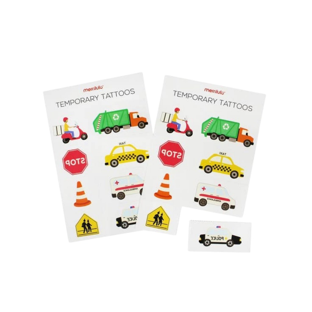Multicolor transportation vehicle temporary tattoos with cars signs and traffic theme from Parte Haus party supply store in Bethesda MD.