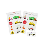 Multicolor transportation vehicle temporary tattoos with cars signs and traffic theme from Parte Haus party supply store in Bethesda MD.
