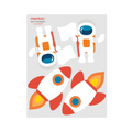 Orange and white astronaut and rocket ship gift stickers space theme from Parte Haus party supply store in Bethesda MD.