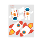 Orange and white astronaut and rocket ship gift stickers space theme from Parte Haus party supply store in Bethesda MD.