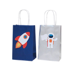 Blue rocket space gift bag and white astronaut gift bag for space birthday from Parte Haus party supply store in Bethesda MD.