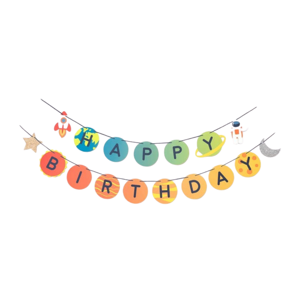 colorful space birthday banner with planets stars astronaut and spaceship for kids party from Parte Haus party supply store in Bethesda Maryland