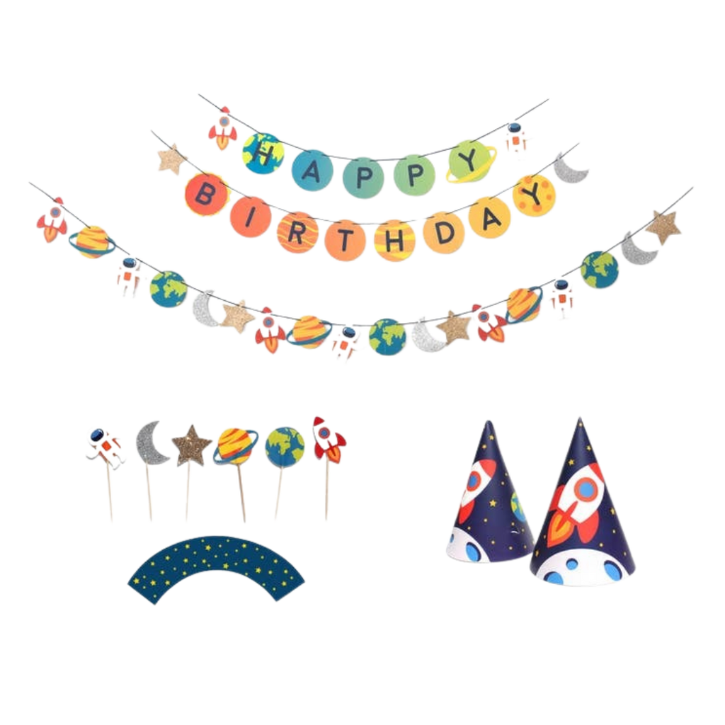 Colorful space birthday decoration kit with banners astronauts planets rockets from Parte Haus party supply store in Bethesda Maryland