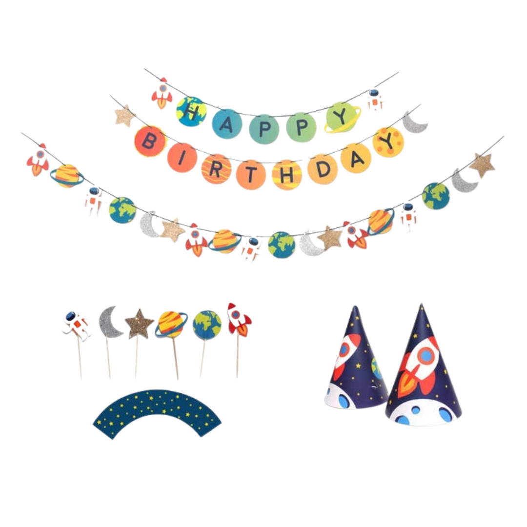 Colorful space birthday decoration kit with banners astronauts planets rockets from Parte Haus party supply store in Bethesda Maryland
