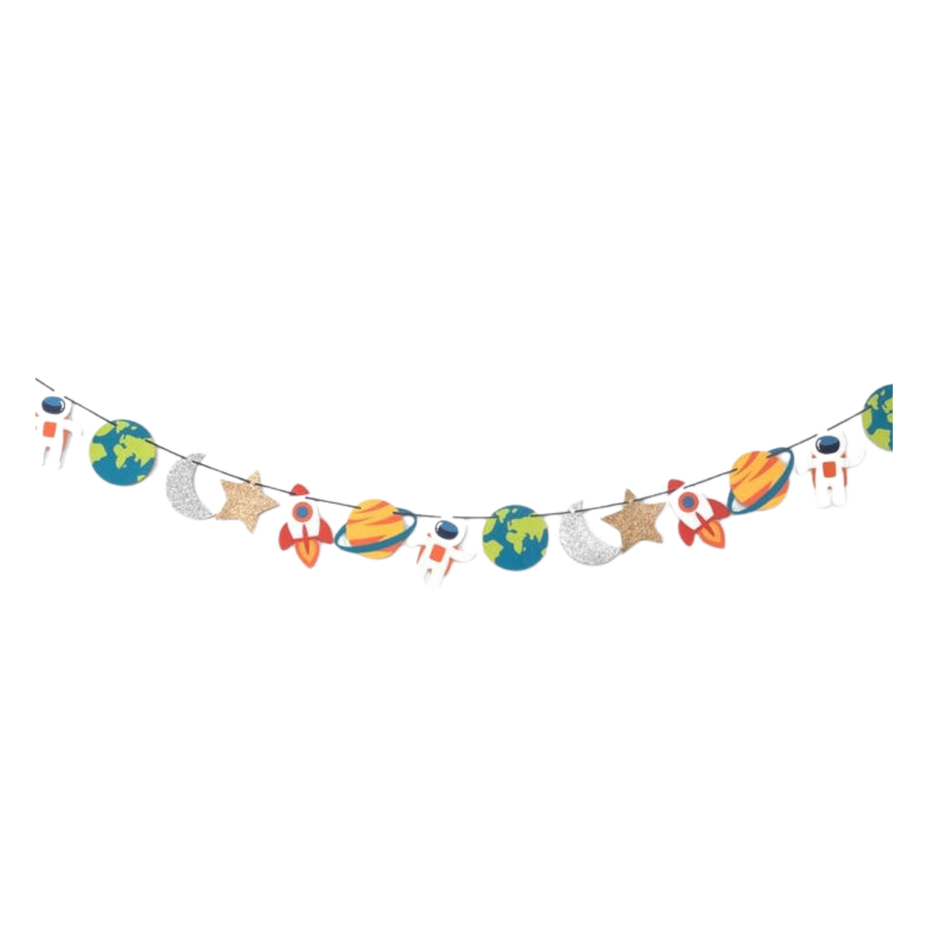 Multicolor space garland with astronauts planets and rockets space theme from Parte Haus party supply store in Bethesda MD