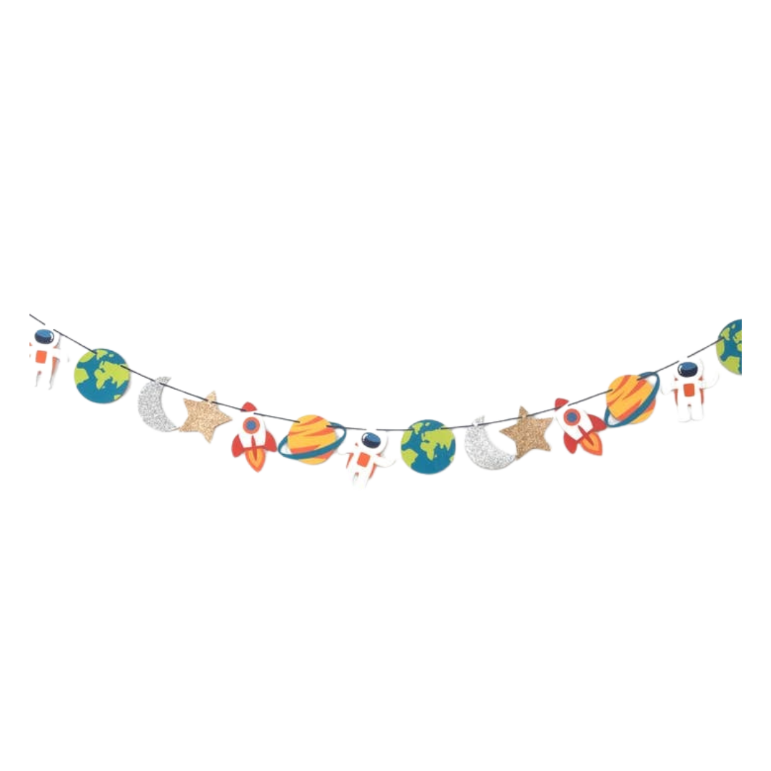 Multicolor space garland with astronauts planets and rockets space theme from Parte Haus party supply store in Bethesda MD