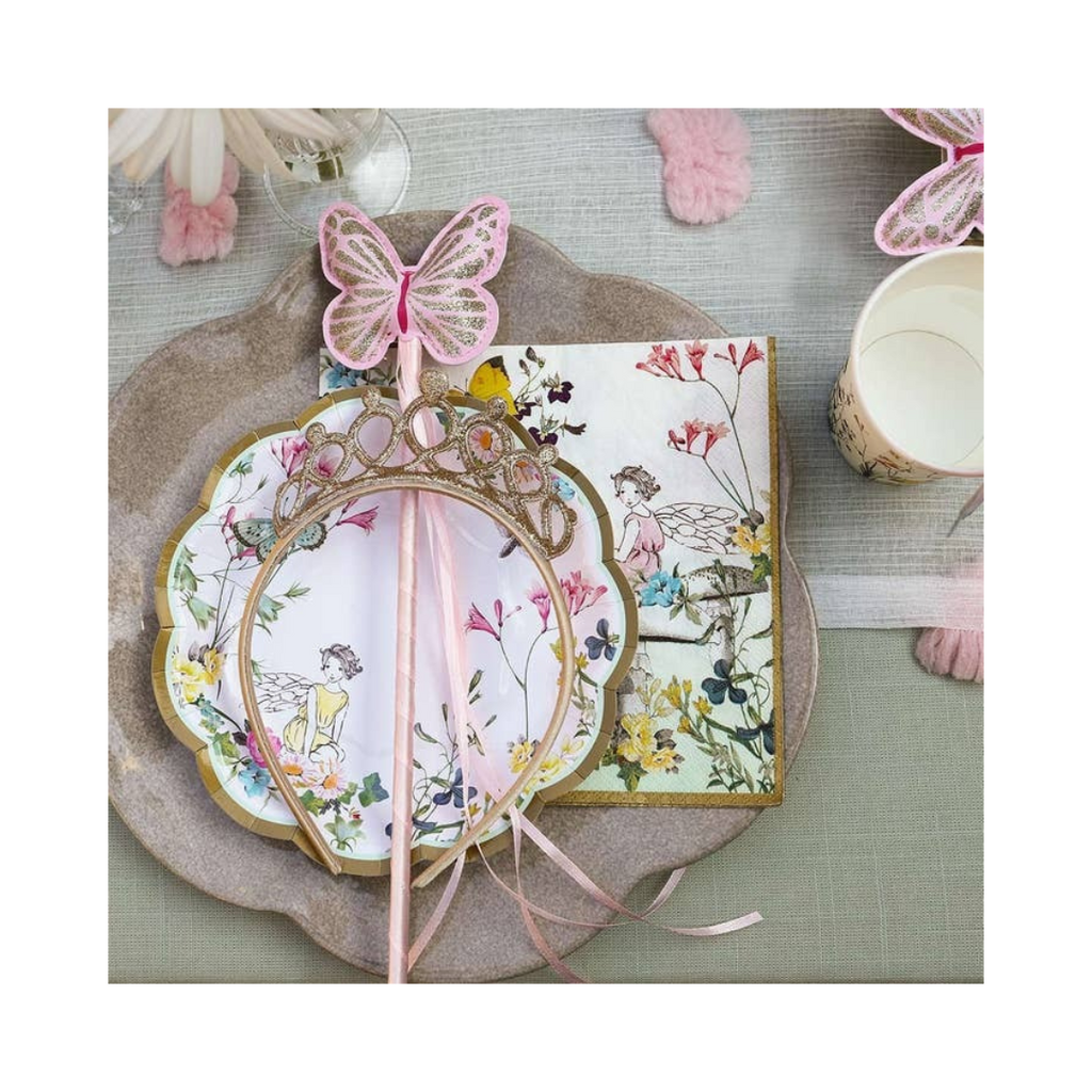 Pink fairy wand and tiara with butterfly on floral plate fairy birthday theme from Parte Haus party supply store in Bethesda MD