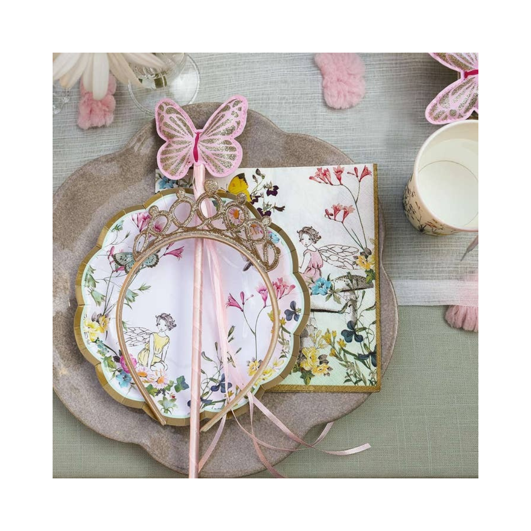 Pink fairy wand and tiara with butterfly on floral plate fairy birthday theme from Parte Haus party supply store in Bethesda MD