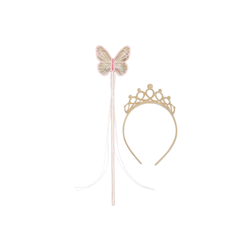 Pink gold wand and tiara with butterfly fairy theme for kids birthdays from Parte Haus party supply store in Bethesda Maryland