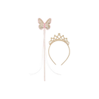 Pink gold wand and tiara with butterfly fairy theme for kids birthdays from Parte Haus party supply store in Bethesda Maryland